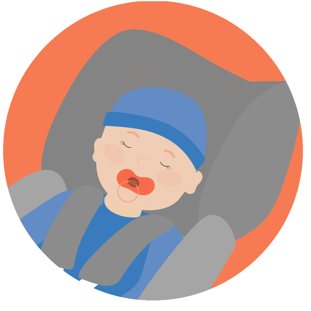 tekening baby in autozitje met hoofd onder de rand